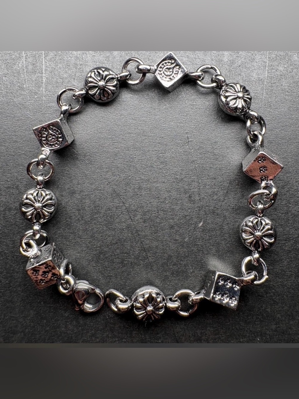 Sterling-Style Silver Floral & Cube Link Bracelet